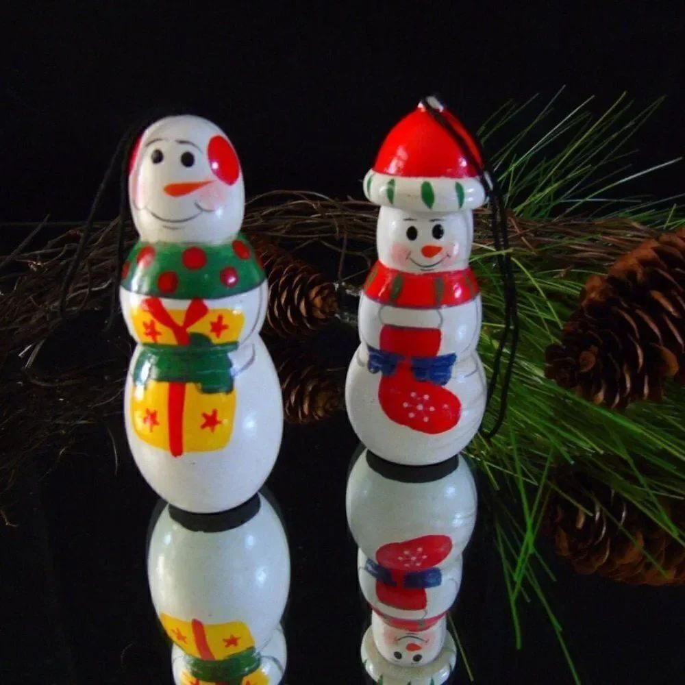 Snowman Snow Woman Vintage Christmas Holiday Ornaments Old Fashioned Decorations